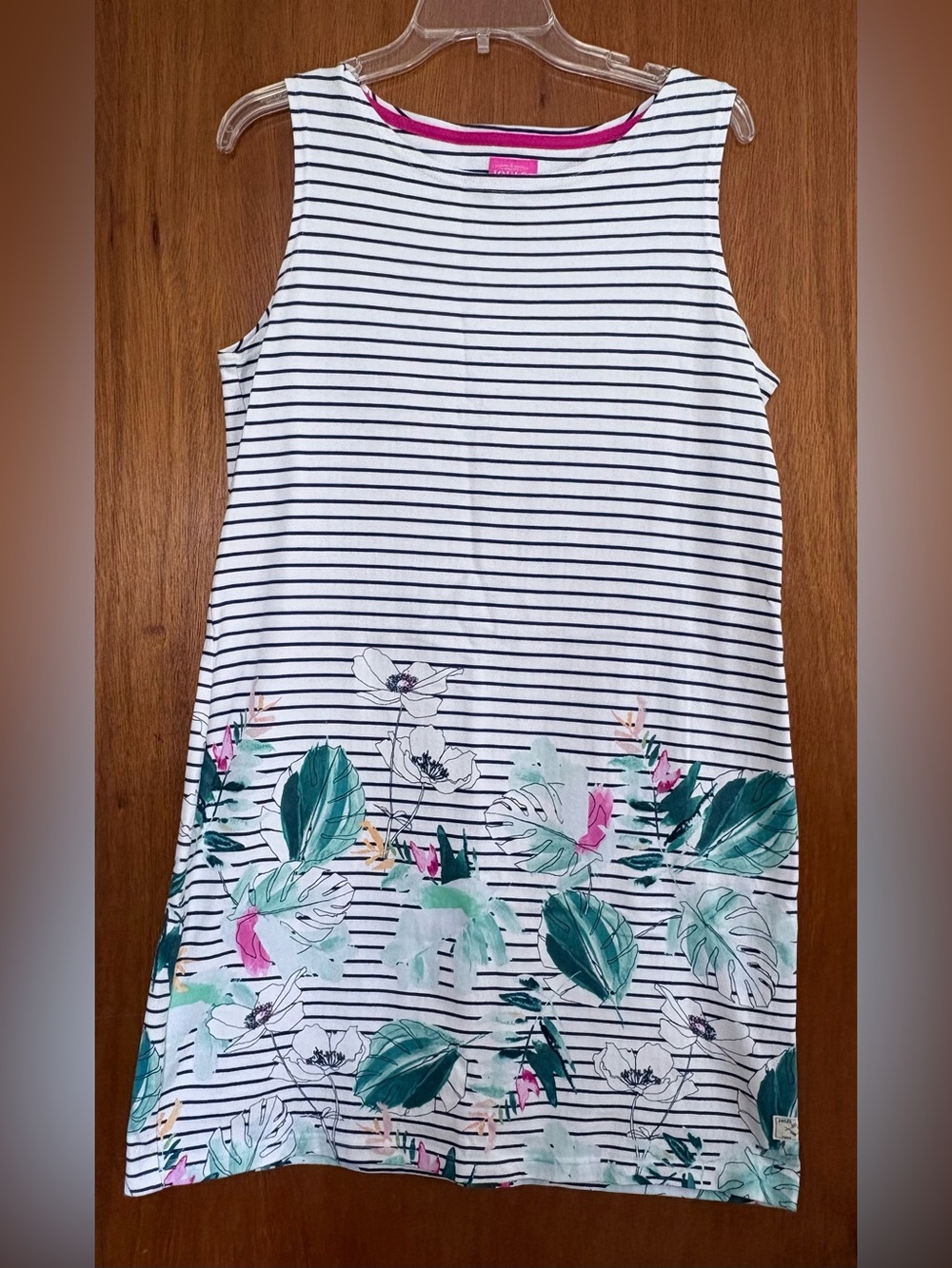 Joules Navy and White Striped Sleeveless Dress with Bright Pink Trim
